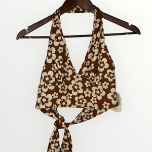 Altar'd State Brown & White Retro Floral Halter Top 70’s Style Cropped NWT